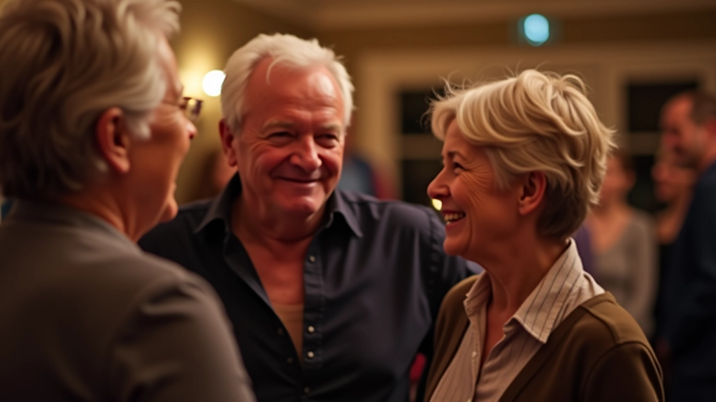 Group of retirees laughing together during a social dance event, casual and relaxed