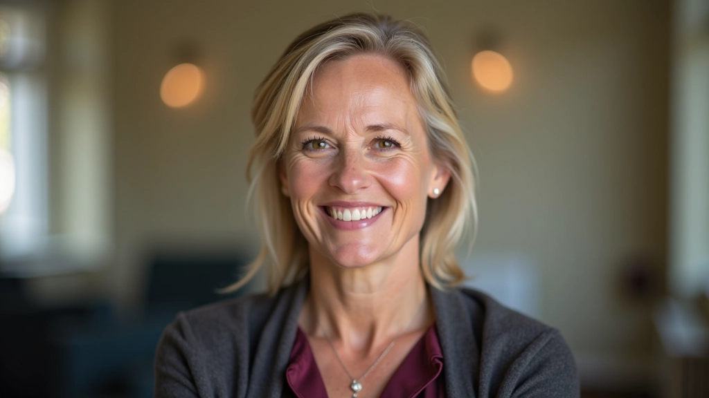 Community coordinator woman, warm demeanor, friendly expression, office or community center setting, portrait from chest up