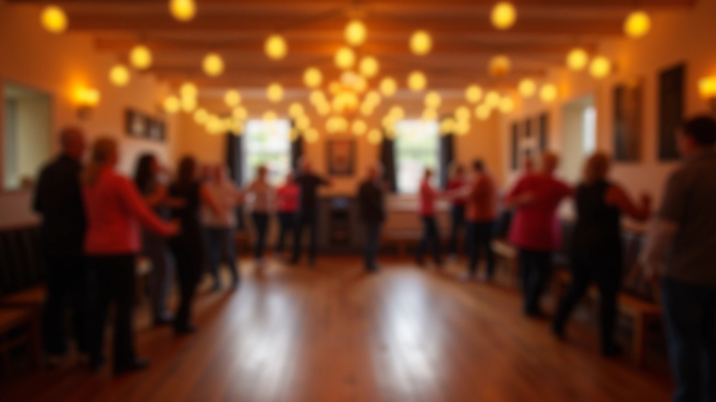 Community centre hall decorated with string lights and welcoming signage for a dance event