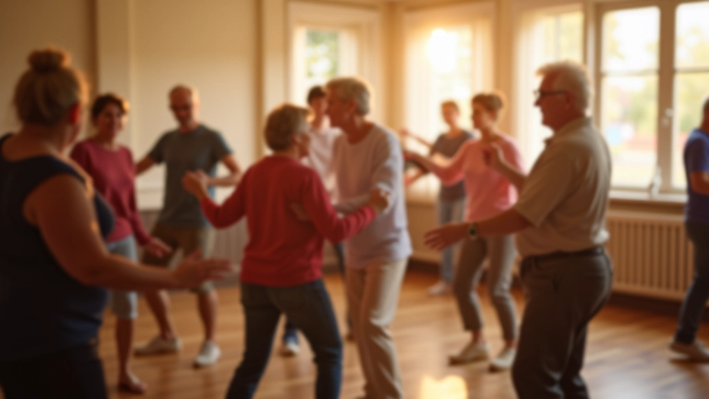 Group of dancers in a studio during class, focused and moving together in formation