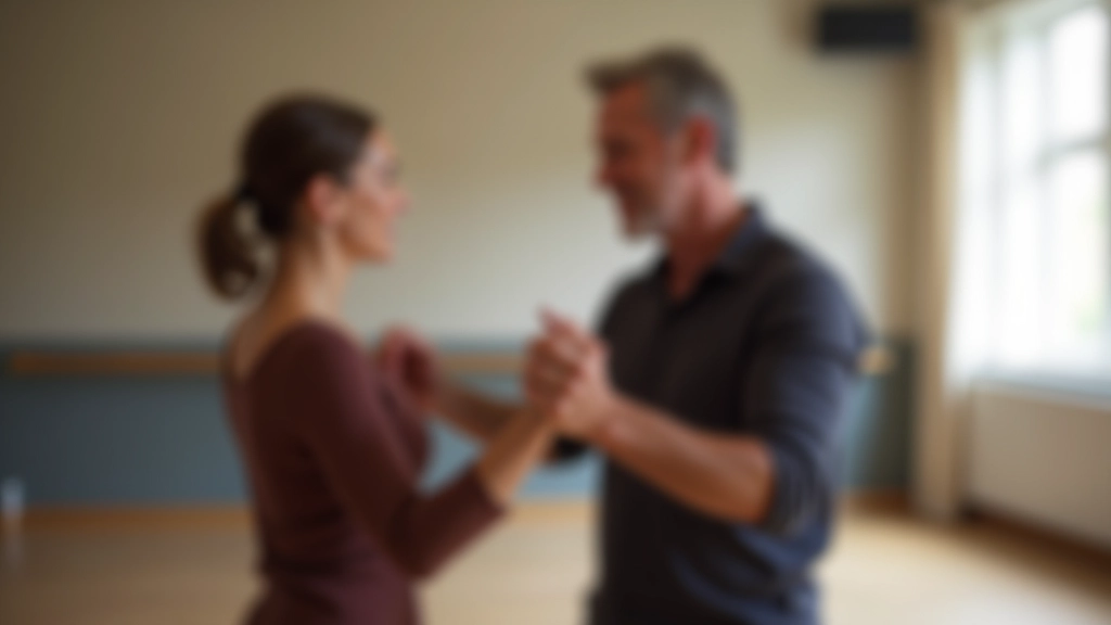 Dance instructor correcting student's posture and frame during bachata lesson in group class setting