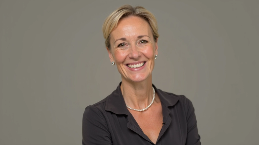 Experienced dance instructor, woman in her 50s, warm smile, professional studio setting, portrait from chest up