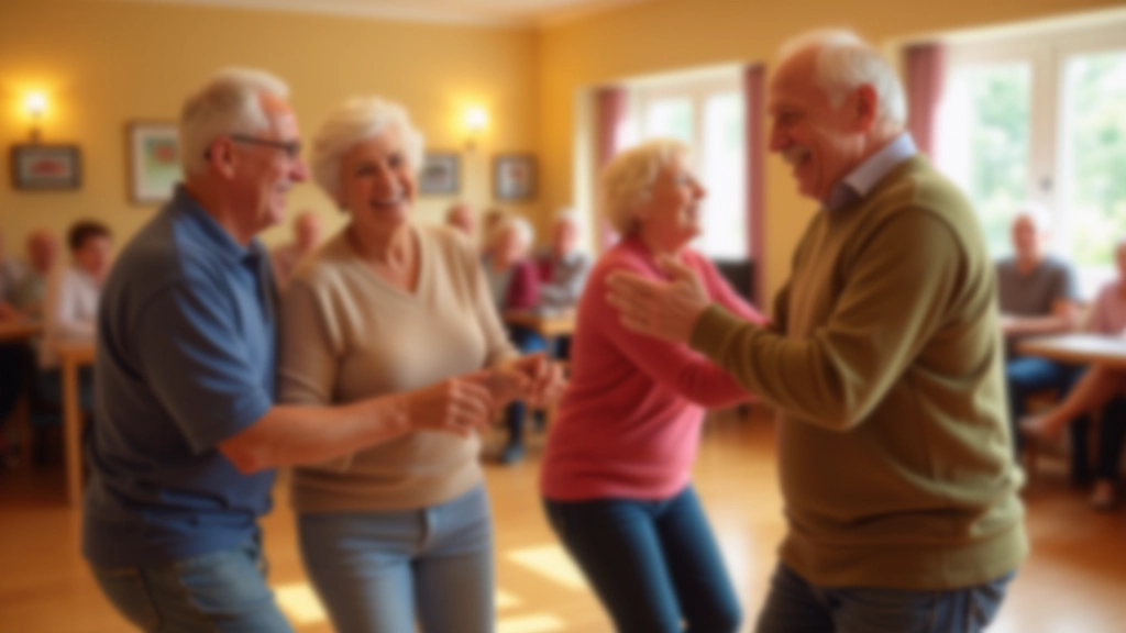 Older adults dancing together in a bright community hall with wooden floors and music playing