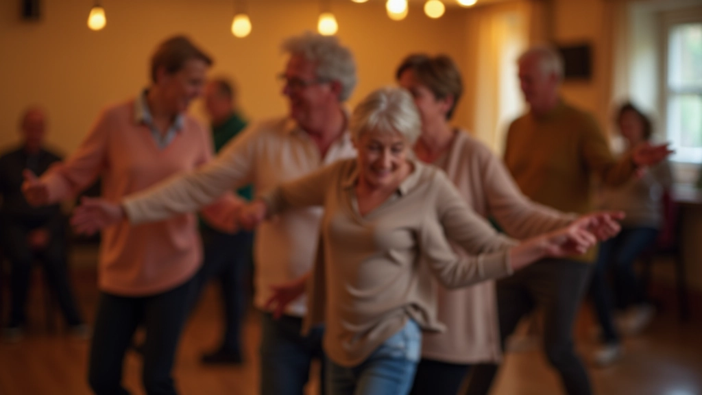 Group of retirees dancing bachata together in social dance setting with proper music and lighting