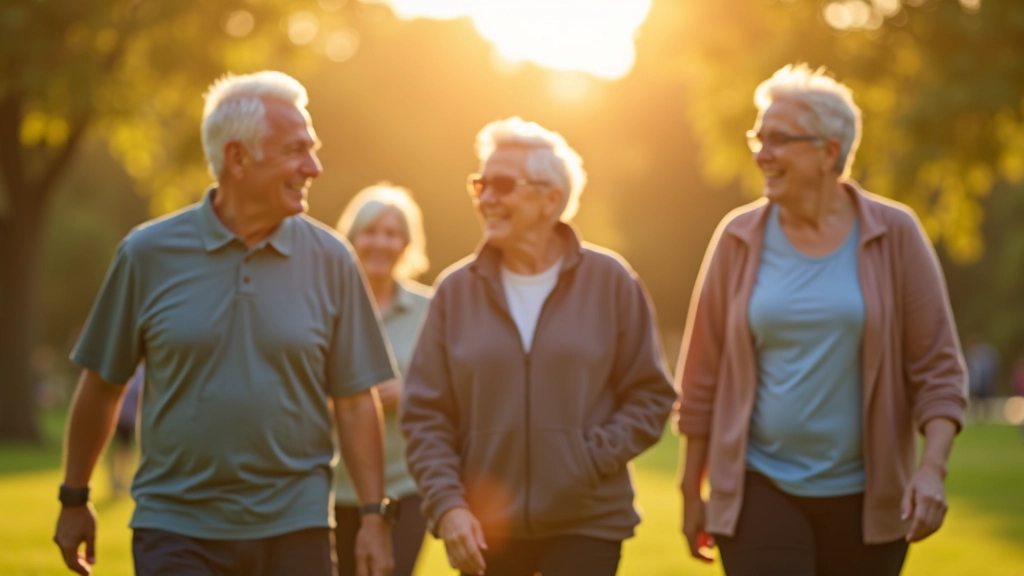 Group of active seniors walking together in a park during golden hour, smiling and conversing