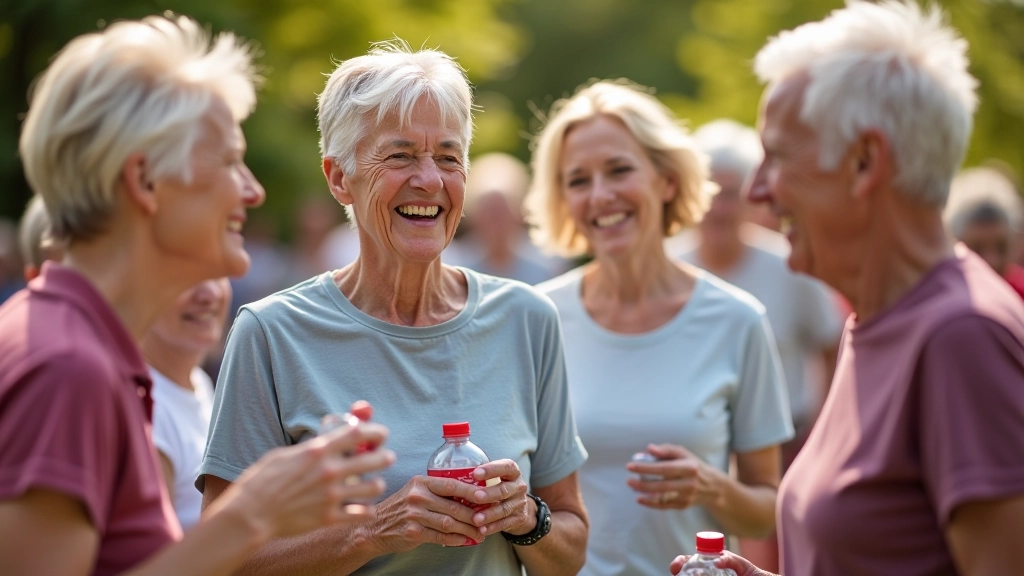 Group of seniors socializing and laughing together at a community fitness event with water bottles