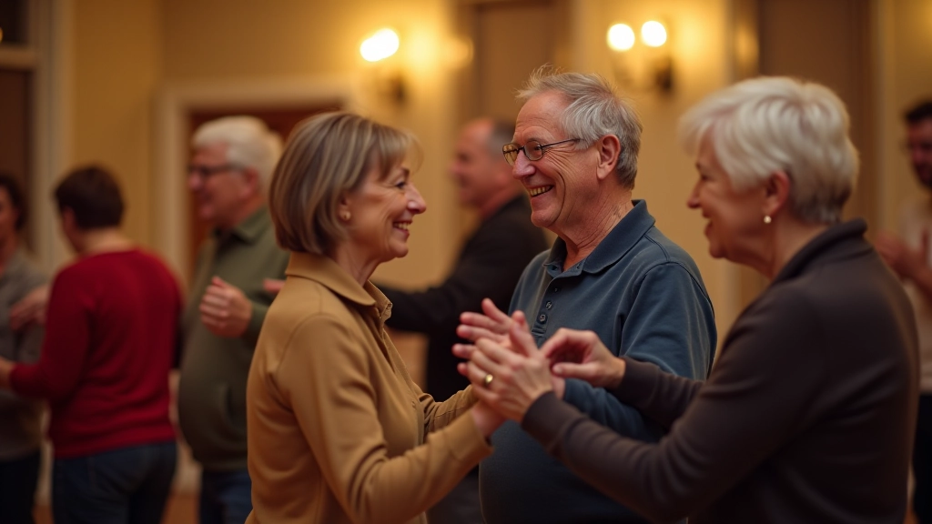 Group of mature adults dancing together at a weekly social