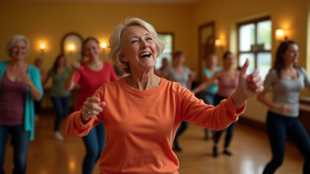 Active retiree woman enjoying a vibrant dance session with confident posture and genuine happiness