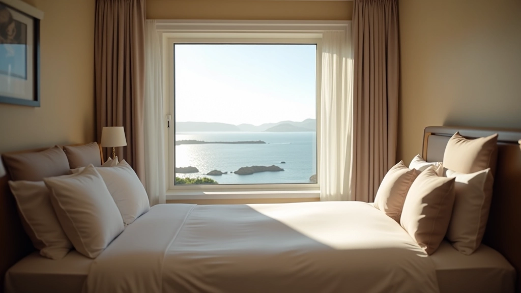 Comfortable hotel bedroom with coastal view, sea visible through window, warm neutral décor, welcoming bedding