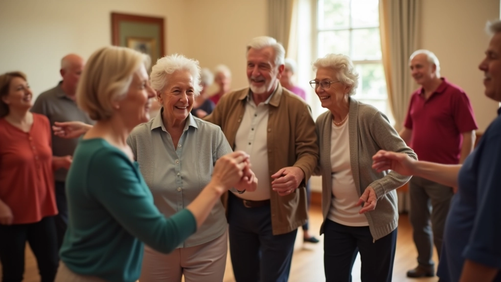 Group of retirees enjoying a dance social in a bright, welcoming community space with music and laughter