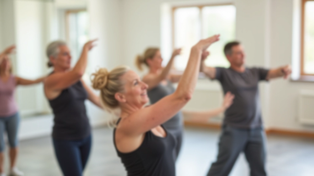 Retirees in fitness attire participating in an active group exercise class