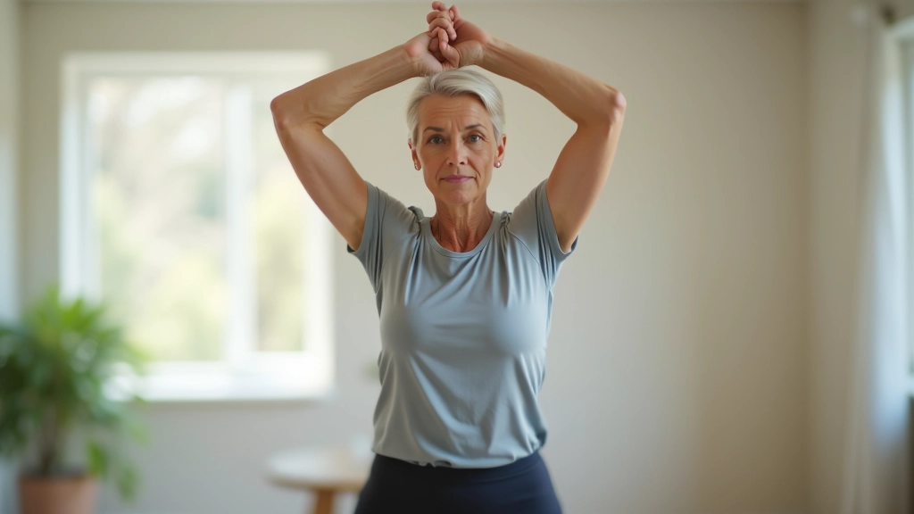 Older adult doing a standing stretch in a bright, modern home gym with natural light from windows
